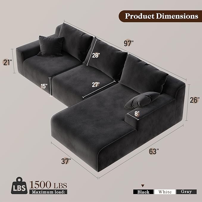 97”Modular Sectional Sofa, Cloud Sectional Couch with Deep Seat, Modern Modular L-Shape Sofa Couch, Upholstered Boneless Couches for Living Room Bedroom (Black Check, Right Facing Chaise)