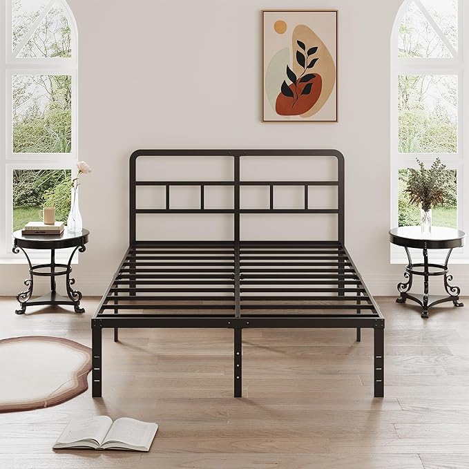 DiaOutro 16 Inch Full Size Bed Frame with Headboard No Box Spring Needed, Heavy Duty Metal Platform with Steel Slat, Mattress Foundation, Easy Assembly, No Noise, Black