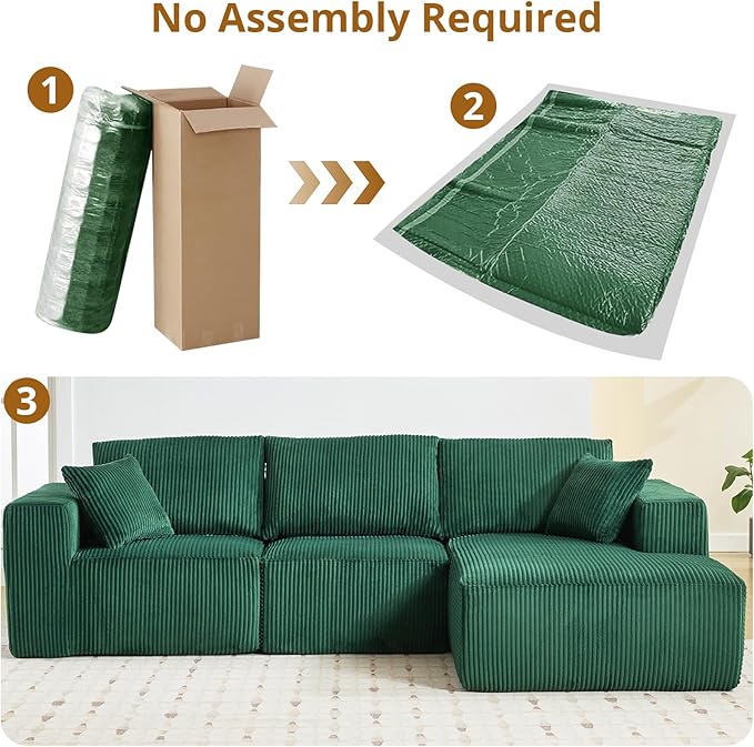 Sectional Cloud Boneless Couch 108" Modern Comfy L-Shape No Assembly Required Convertible Compression Sleeper Modular Sofa with Corduroy Fabric Deep Seat Loveseat + Chaise for Living Room