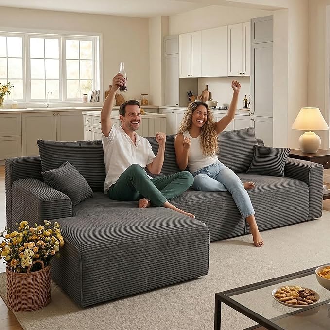 97" L-Shaped Boneless Modular Cloud Couch, Comfy Corduroy Sectional Sofa with Deep Seat and Left Facing Chaise, Flexible Module Combination for Living Room, No Assembly Required (Grey)