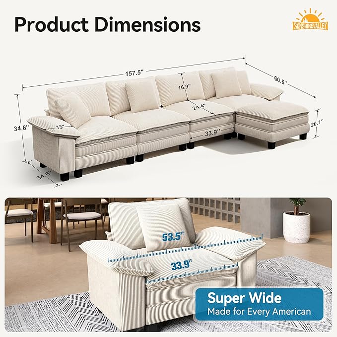 L Shaped Modular Cloud Couch, 157.5'' Oversized Corduroy Sectional Sofa with Wider Armrest and Ottoman, Upholstered 5-Seat Modern Deep Seat for Bedroom Living Room, Beige