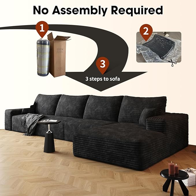136" Sectional Couches for Living Room Cloud Couch Sofa with L-Shape Upholstered Boneless Couchs Modern Modular Sectional Couch with Chaise (Black, 136" Right Facing Chaise+3Seaters)