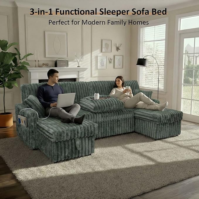 104" U Shaped Sleeper Sofa Bed, Sectional Couches for Living Room, Plush Corduroy Pull Out Couch Bed with Storage, Modular Sectional Couch with Charging Station, Cup Holder, Side Pocket, Green