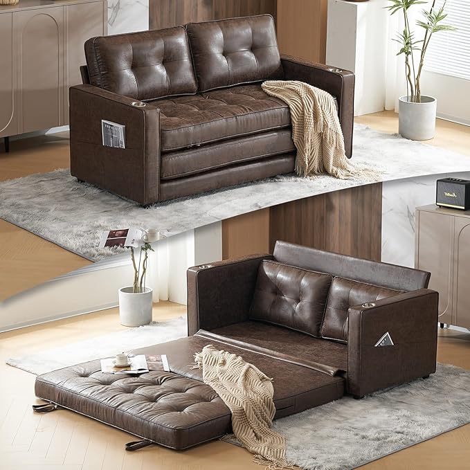 VINGLI Upgraded 64" W 84" L Full Size Futon Sofa Bed, 6" Thick Upholstery Rustic Microfiber Loveseat Sofa Sleeper Pull Out Couch,Convertible Floor Couch for Living Room, Bedroom, Entertainment Room
