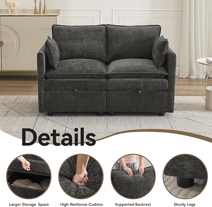 55" Cloud Modular Loveseat Sofa with Storage, Modern Upholstered Sofa Couch Small Love Seat，2 Seater Chenille Comfy Sectional Sofa with Armrests for Living Room, Small Space, Dark Grey | Loveseat Sofa, Upholstered Couch, Small LoveSeat, Sectional Sofa,...