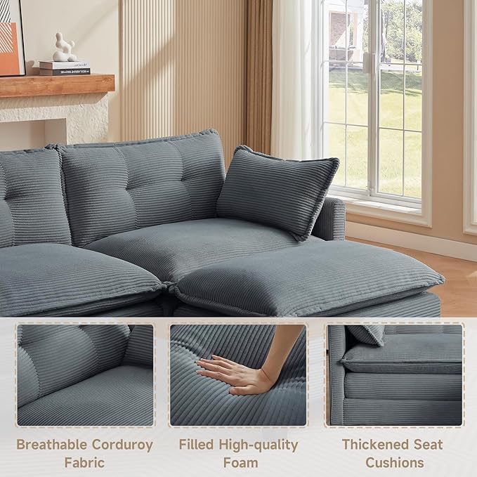 Modular Sectional Sofa, 76.5" L-Shaped Corduroy Comfy Sectional Couches for Living Room, 2-Seater Cloud Couches with 1 Movable Ottoman, Flexible Combination Modern Deep Seat Sofa (Grey)