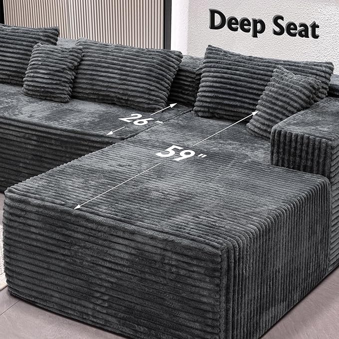 Boneless Modular Sectional Sofa, Cloud Couch with Right Facing Chaise, Oversized Deep Seat, L-Shaped, Soft Corduroy Fabric, Sectional Couch for Living Room -Grey