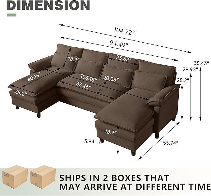 105" Convertible Sectional Sofa, U Shaped Comfy Cloud Couch with Double Chaise and Padded Armrests, Modern Upholstered 4 Seater Sofa for Living Room, Apartment, Office, Coffee