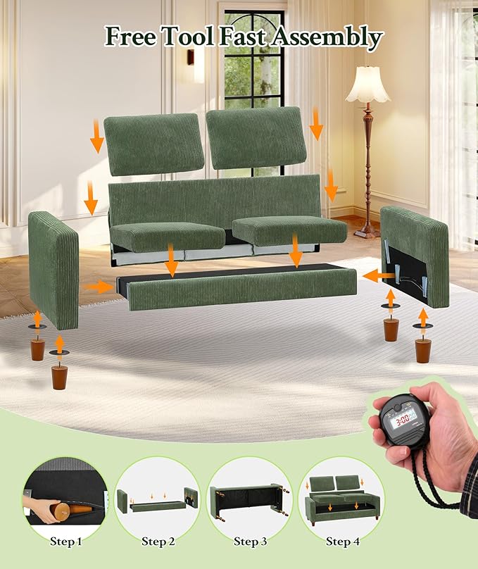 70.2" Couches for Living Room, Comfy L Shaped Couch Green 7.1" Thicker Cushion, Sofas for Living Room Tool-Free Setup, Loveseat with Ottoman 705lbs Support, Corduroy Couch for Bedroom, Office