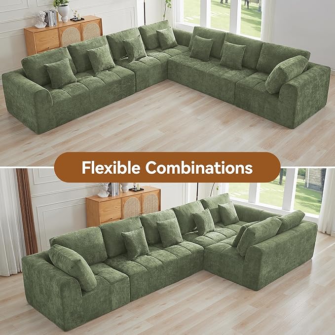140''Modular Sectional Couches for Living Room, Cloud Boneless Compressed Sectional Sofa, Oversized L Shaped 7 Seater Upholstered Memory Foam Sofa, No Assembly, Chenille Green