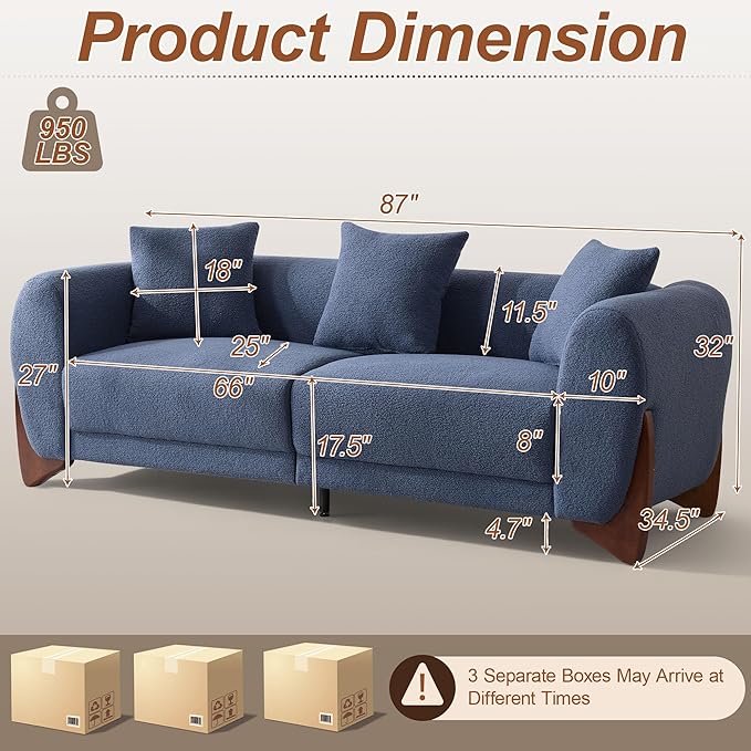 87" Sherpa Boucle Cloud Couch Modern 3 Seater Sofa with Solid Wood Legs, 25" Extra Deep Seat, Comfy Thick Cushion Upholstered Sofa Couches with 3 Pillows for Living Room, Blue