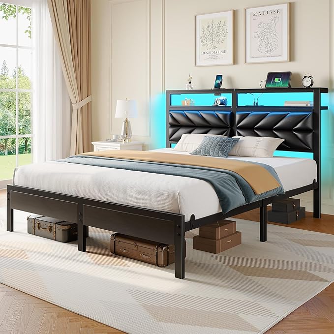 Seventable Queen Bed Frame with Charging Station & LED Lights, Upholstered Headboard with 2-Tier Storage Shelves, Metal Platform with Under Bed Storage, No Box Spring Needed, Easy Assembly, Black