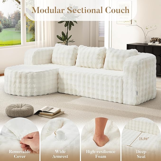 Hobestluk 96" Cloud Sectional Couch Modern Boneless Couch 3 Seater with Oversized Chaise L Shaped Modular Sofa Couches for Living Room Apartment No Assembly Required (Bubble White,Left Facing Chaise)