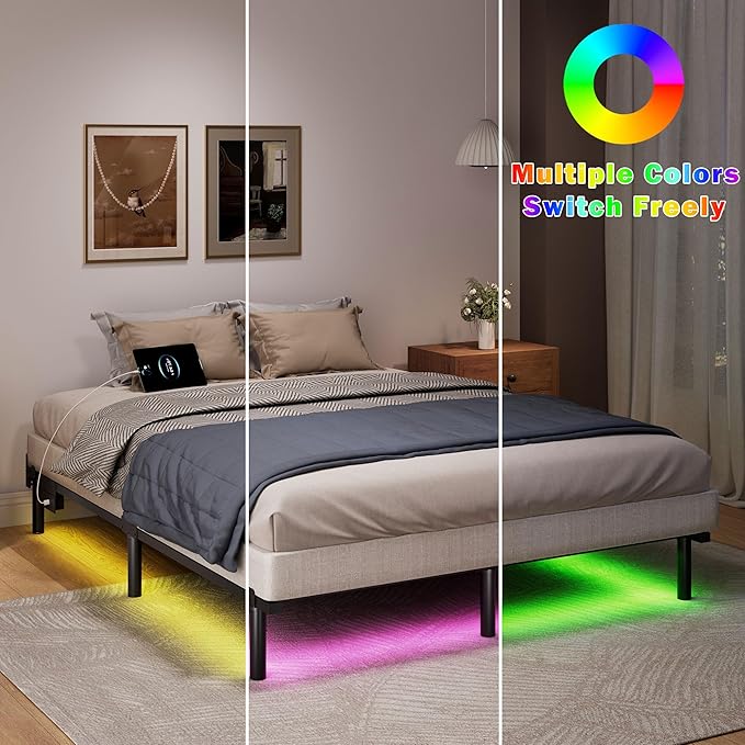 SHOANED King Size Bed Frame with LED, 7 Inch Metal Steel Bedframe for Box Spring and Mattress, Heavy Duty Basics Bed Base, Noise Free, Easy Assembly, Black, Adjustable