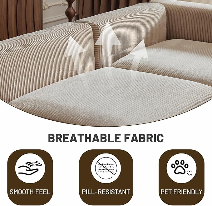 Karl home 112" Sectional Couch with Movable Ottoman, Modern Corduroy Cloud Sofa Set with Deep Seat, Convertible L-Shape Boneless Couch for Living Room, Apartment, Studio, Khaki