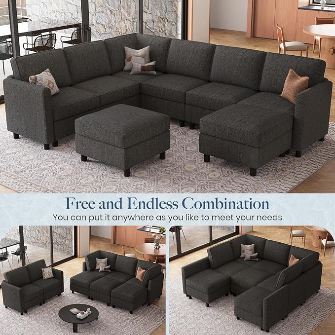 Belffin 107.1" 8 Seats U Shaped Couch Modular Sectional Sofa Seat Couch with Storage Comfy Washable Sectional Couches for Living Room Sofas Set with Chaise,Dark Grey