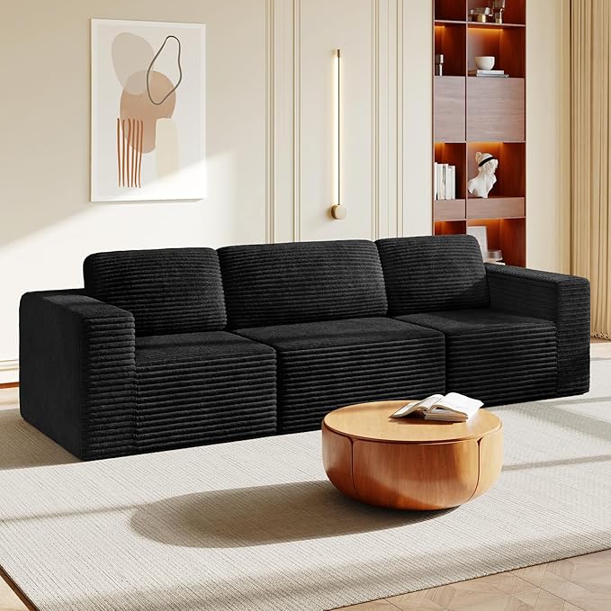 Vesgantti 119" Modular Sectional Sofa, Corduroy Cloud Couch with Deep Seating & Spring Support, 3 Seater Flexible Layout Sofa, Boneless Couch for Living Room & Apartment, No Assembly Required, Black