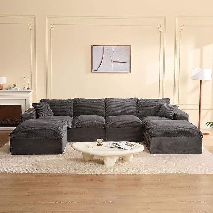 137.8” Sectional Couches for Living Room, Set of Cloud Couch, Modular Sectional Sofa, Convertible Sofas Bed, Deep Seat Sofa, U Shaped Cozy Sofa Furniture Set, Corduroy, Gray