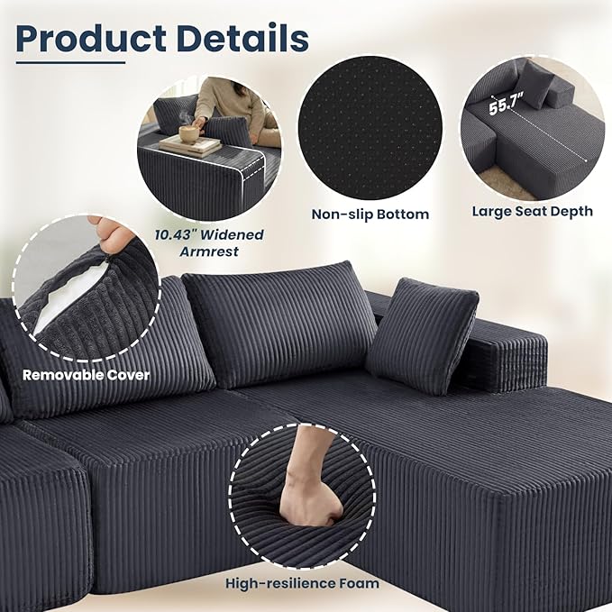 DUMOS 108" Boneless Couch, Cloud Sectional Couch with L-Shape Chaise, Modular Sectional Sofa with Deep Seat, Fluffy Couch for Living Room Bedroom, No Assembly Required (Grey, Right Facing Chaise)