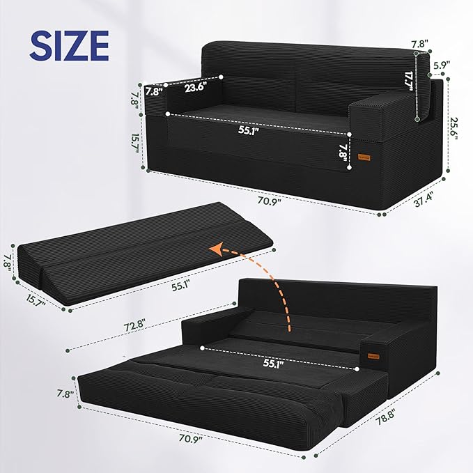 MeMoreCool Boneless Couch Convertible Sofa Bed Queen, Corduroy Futon Couch Sleeper Sofa, Boneless Loveseat Pull Out Couch Bed, Fold Out Floor Sofa for Living Room Bedroom Apartment, Black