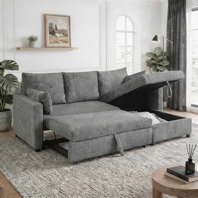 Sectional Sleeper Sofa with Pull Out Bed, LShape Convertible Sofa Bed Couch with Storage Chaise, 3 in 1 Pull Out Sofa Bed with 3 Seats, for Living Room,Apartment, Gray, 85Inch