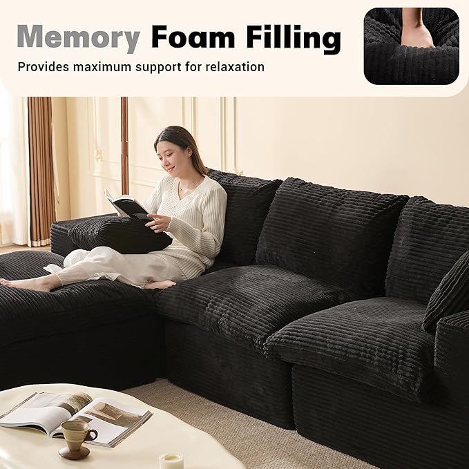 106.3” Sectional Couches for Living Room, Set of Cloud Couch, Modular Sectional Sofa, Convertible Sofas Bed, Deep Seat Sofa, L Shaped Cozy Sofa Furniture Set, Corduroy, Black