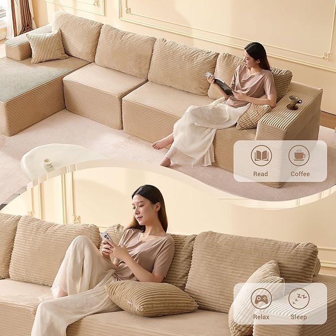138" Boneless Couch with Deep Seat, Set of Modular Sectional Sofa, Cloud Sectional Couch for Living Room, No Assembly Required, Corduroy, 4 Seater L-Shape Left, Camel