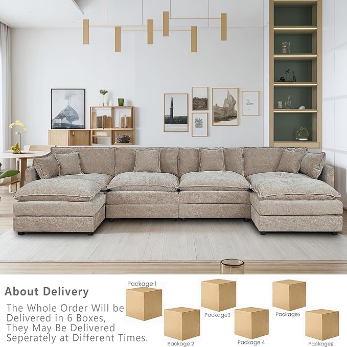 Setawix Deep 4 Seater Couch with Ottomans,147.22" U-Shaped Cloud Couches for Living Room,Chenille Cloud Sofa Couch with Foorest,Modular Sectional U Shape 4 Seat Sofa for Bedroom (Coffee, 4+2)
