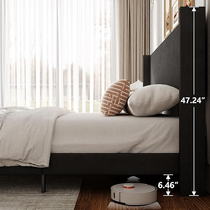 Sismplly King Bed Frame with Wingback Headboard, Velvet Upholstered Platform Bed with Wooden Slats, 6.46“ Under Bed Storage, Metal Support, Noise Free, No Box Spring Needed, Gray