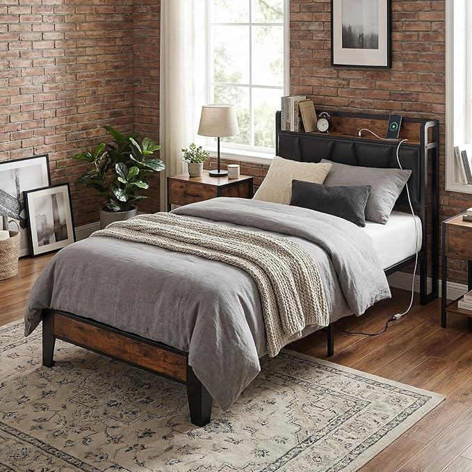 LIKIMIO Twin Bed Frame, Storage Headboard with Charging Station, Solid and Stable, Noise Free, No Box Spring Needed, Easy Assembly (Vintage and Black)