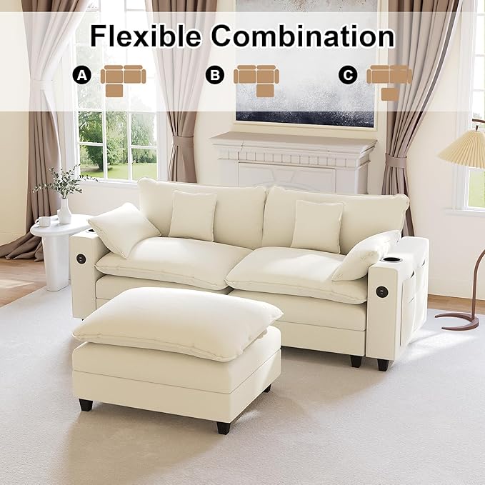 80.7" Modular Sectional Sofa, L Shaped Cloud Couch with Movable Ottoman, Chenille Deep Seat Cloud Sofa with Charging Station, Cup Holder, Side Pocket, Sectional Couches for Living Room, Beige