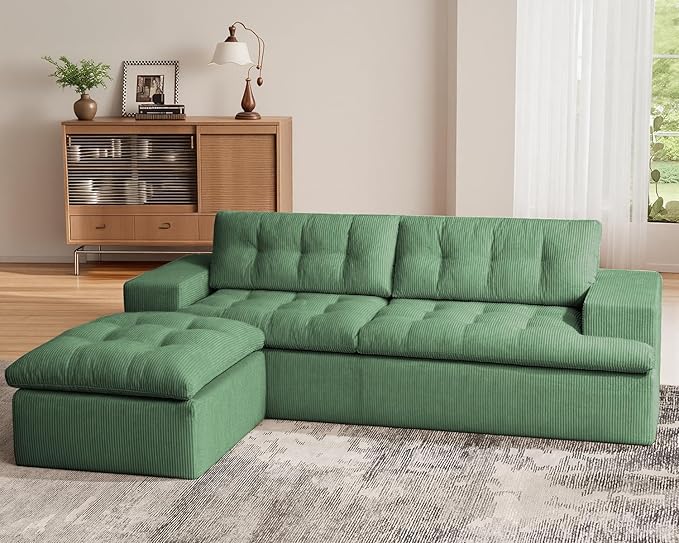Cloud Sectional Boneless Sofa with Ottoman, Modular L Shaped Couch with Layered Cushion, Fluffy Comfy Couches for Living Room, No Assembly, Green