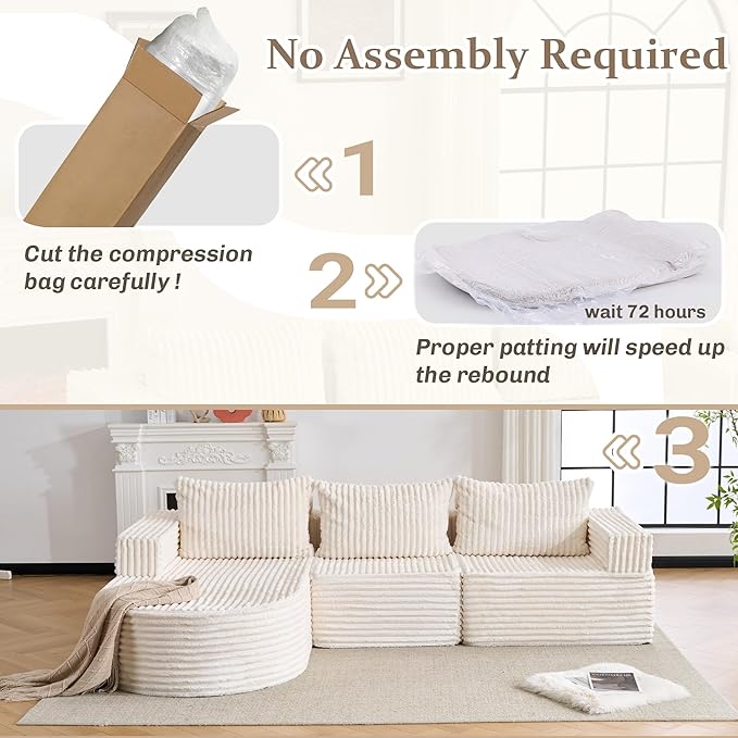 103”Boneless Couches for Living Room, L-Shaped Modular Sectional Sofa with Chaise, Modern Corduroy Cloud Couch with Deep Seat, Comfy Sponge Compression Convertible Sofas