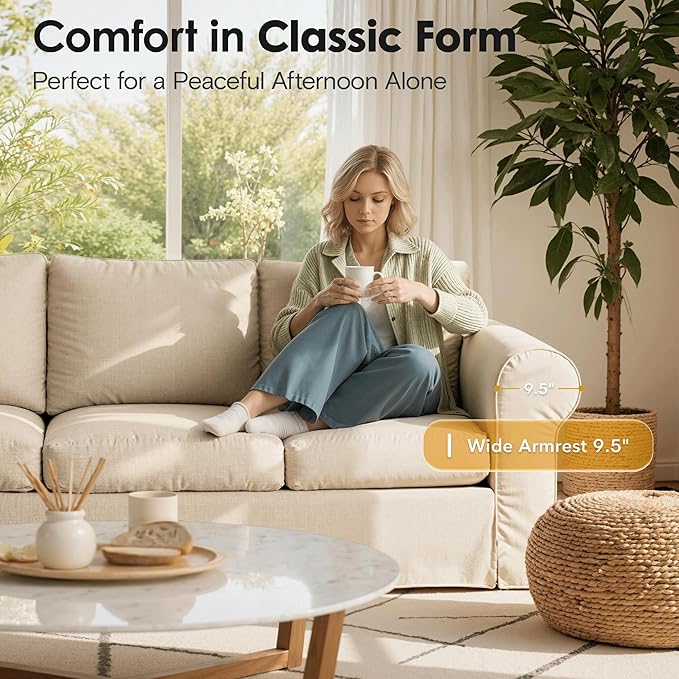 89" 3 Seater Sofa for Living Room, Deep Seated Comfy Couch High Back Suppor Removable Washable Couches, Modern Farmhouse Rolled-Arm Sofas - Beige