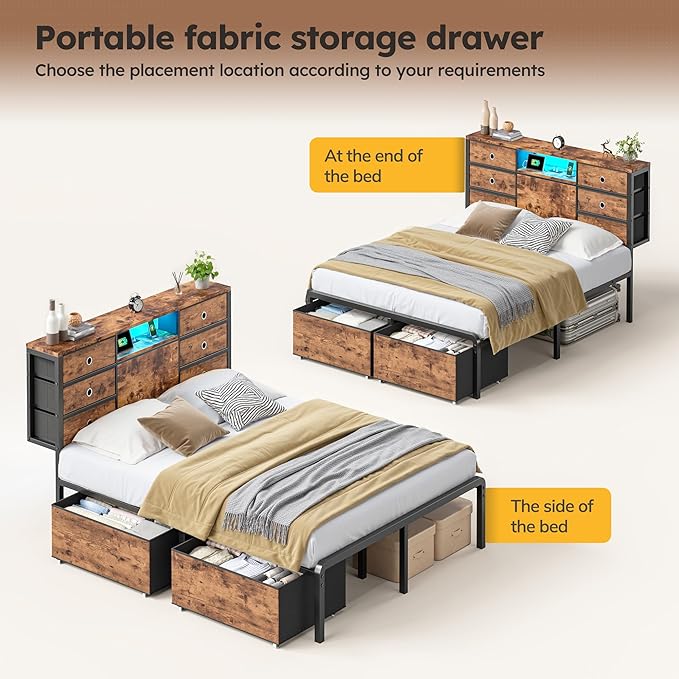 Homkdom Full Size Bed Frame with 8 Fabric Storage Drawers, LED Lights & Charging Station, Metal Platform Bed Frame with Headboard Storage,No-Noise,Easy Assembly,Modern Brown