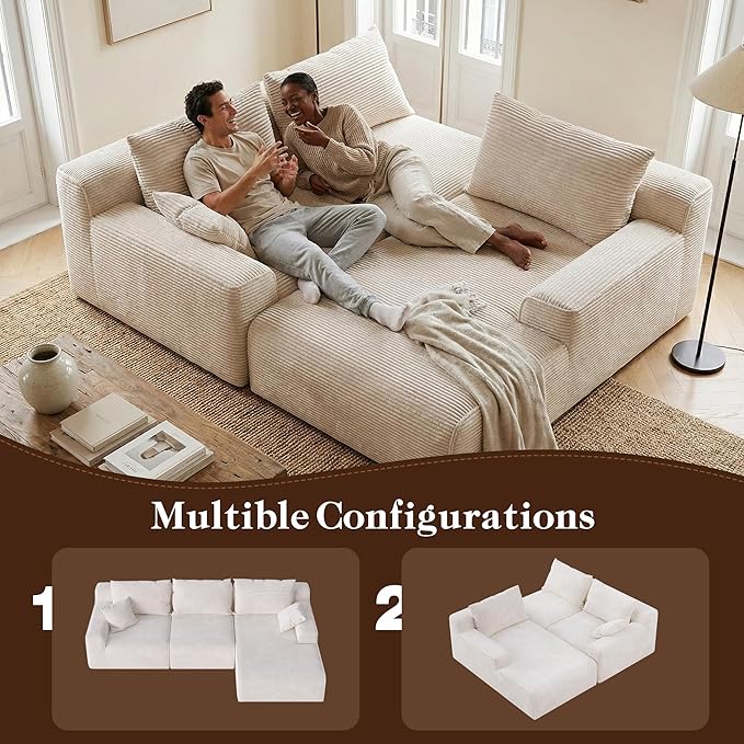 97" L-Shaped Cloud Corduroy Sofa with Right Chaise, Modular Sectional Couch, Flexible Combination Couches for Living Room, Bedroom, No Assembly Required (White)