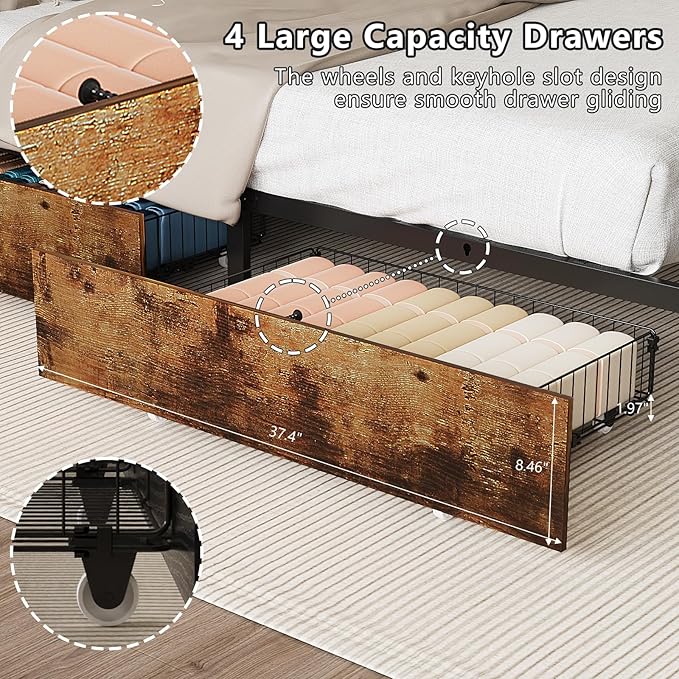VINGLI Bed Frame Twin Size with 4 Storage Drawers and Storage Headboard, Metal Platform with Charging Station and LED Lights, No Box Spring Needed, Easy Assembly, Vintage Brown