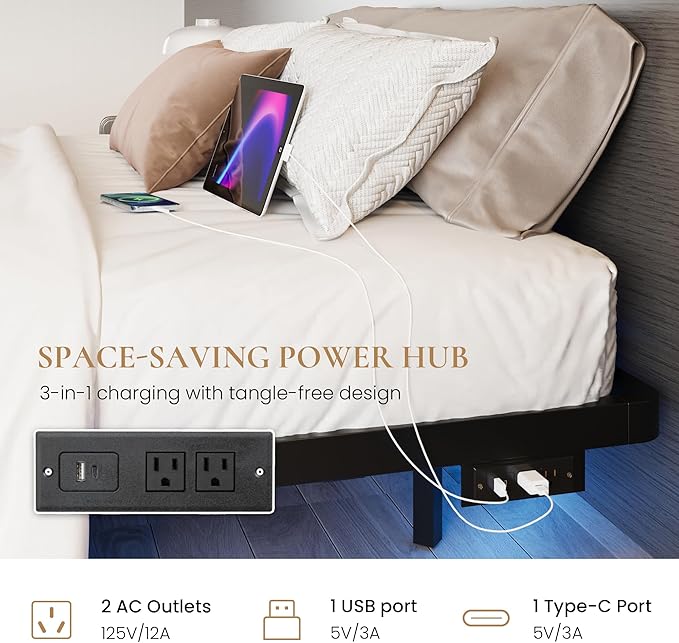 SHA CERLIN Floating Bed Frame Queen Size with Smart LED Lights and Charging Station, Heavy Duty Metal Platform Bed with Modern Design,No Box Spring Needed, Easy Assembly, Matte Black