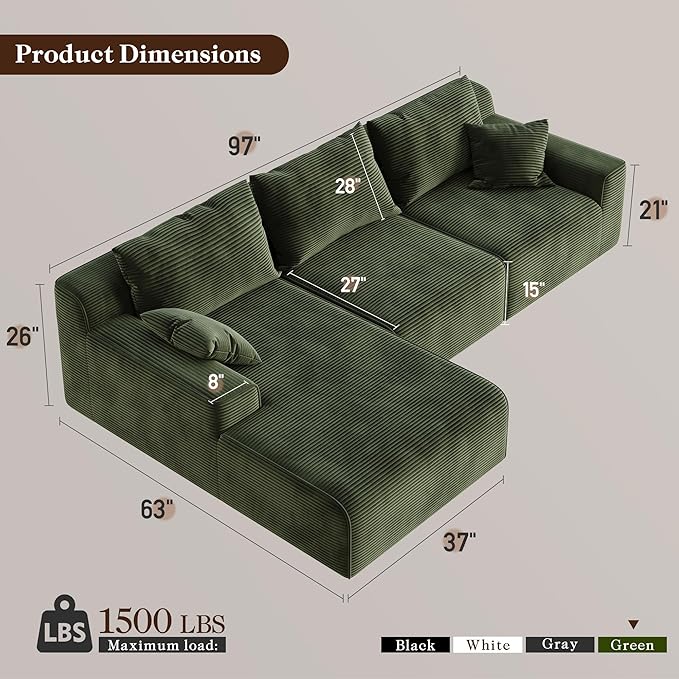 97" Cloud Couch Sectional, L-Shaped Corduroy Fluffy Modular Sofa with Deep Seat, Boneless Comfy Couches for Living Room,Bedroom, Left Facing Chaise, No Assembly Required (Green)