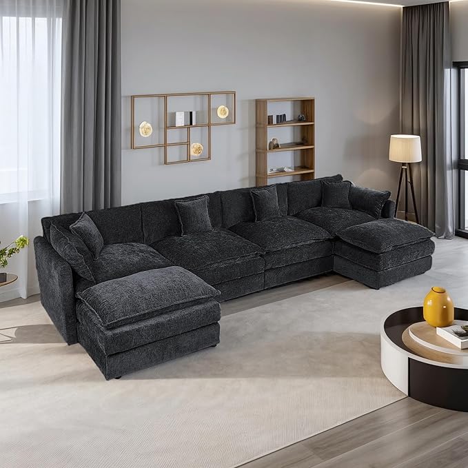 Setawix Deep 4 Seater Couch with Ottomans,147.22" U-Shaped Cloud Couches for Living Room,Chenille Cloud Sofa Couch with Foorest,Modular Sectional U Shape 4 Seat Sofa for Bedroom (Black, 4+2)