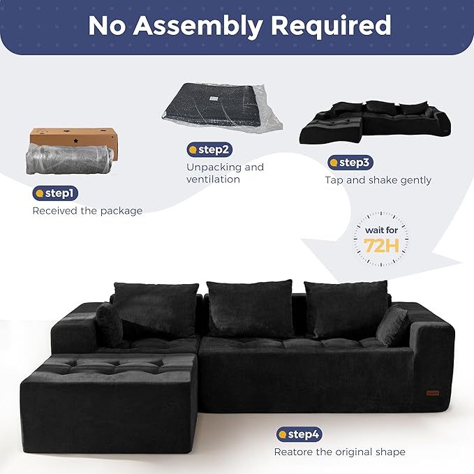 MAXYOYO Modular Sectional Sofa Couch, L Shaped Boneless Cloud Couch with Flexible Ottoman, Chenille Upholstered Living Room Sleeper Sofa Chair for Living Room, No Assembly Required, Black
