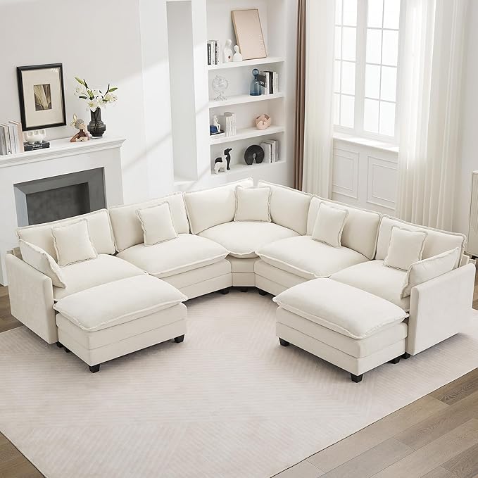 113'' V Shaped Cloud Sectional Sofa, Oversized Deep Seat Couches for Living Room, Chenille Comfy Upholstered Modular Sectional Sofa Couch with 2 Movable Ottoman, Beige