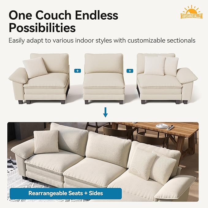 U Shaped Modular Cloud Couch, 157.5'' Oversized Chenille Sectional Sofa with Wider Armrest and Ottoman, Upholstered 6-Seat Modern Deep Seat for Bedroom Living Room, Beige
