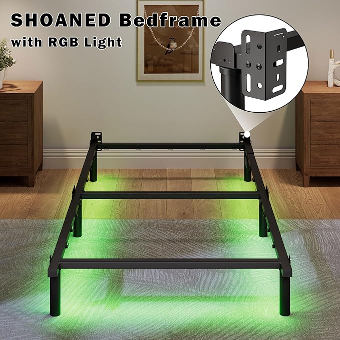 SHOANED Twin Size Bed Frame with LED, 7 Inch Metal Steel Bedframe for Box Spring and Mattress, Heavy Duty Basics Bed Base with Charging Station, Noise Free, Easy Assembly, Black