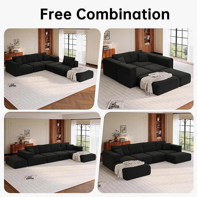 CUGOAO 152'' Oversized 2-in-1 Modular Sectional Sofa Bed, Modern Boneless Couch, Extra Deep Seat Upholstery Cloud Couch, Boneless Couches for Living Room, No Assembly Required, Corduroy Black