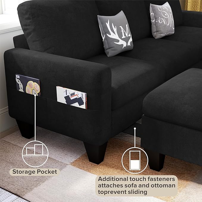 78" Sectional Sofa Couches for Living Room, Black Convertible L Shaped Couch with Storage Ottoman, Deep Seat Pet-Friendly Velvet Fabric Sofa Set for Small Space, Apartment, Dorm