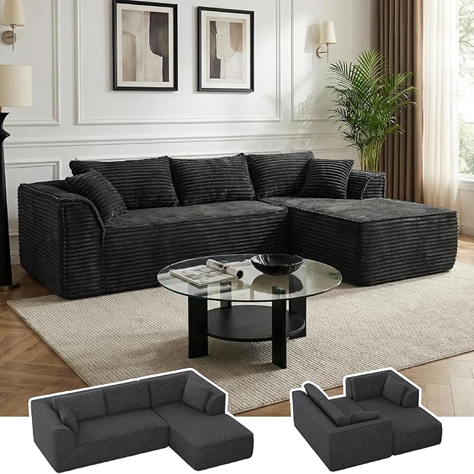 Vesgantti 106" Cloud Couch with Chaise, Deep Seat Fluffy Modular Sectional Sofa Corduroy Memory Foam Boneless Couches for Living Room Bedroom, No Assembly Required (Grey, Right-Facing Chaise)