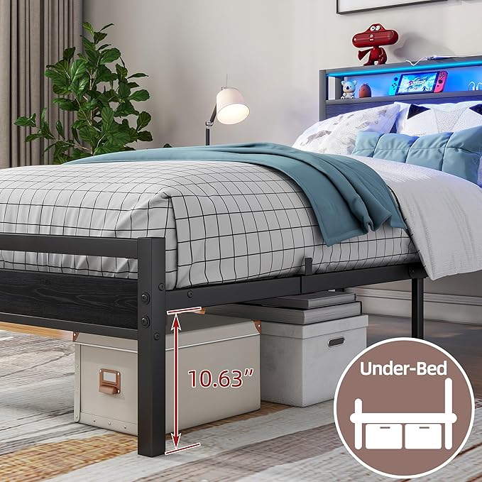 BOFENG Metal Bed Frame Twin Size,Black Wood Storage Headboard with Charging Station/LED Lights,Heavy Duty Metal Platform Bed Frames No Box Spring Needed,Noise Free,Easy Assembly