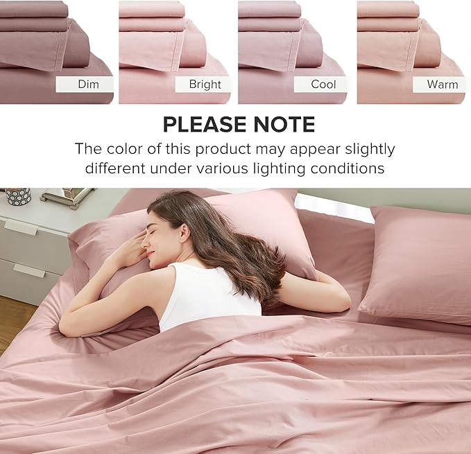 Comfort Spaces 100% Cotton Sheets Queen, Breathable & Ultra Soft Cotton Sheets, Naturally Cool Cotton Bed Sheets with 14" Elastic Pocket Fits up to 16" Mattress, All Seasons Sheet Set, Pink 4 Piece