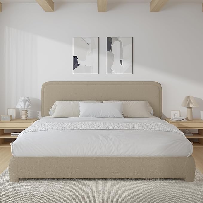 BarnFurin Boucle Upholstered Bed Frame King Size/Cloud Bed Frame/Soft Rounded Corners Headboard/Low Profile/No Box Spring Needed/Non-Slip and Noise-Free/Beige